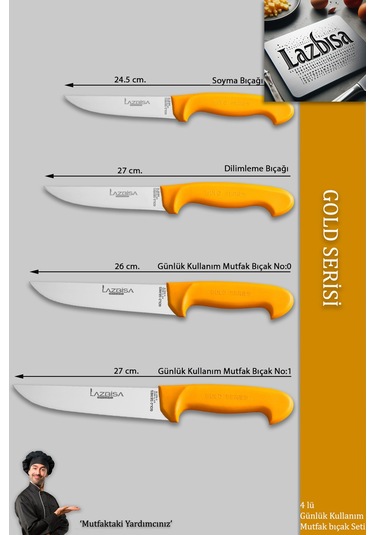 Lazbisa Mtf-007 Gold Serisi Mutfak Bıçak Seti Et Ekmek Sebze Bıçağı 4 Lü Set Günlük Kullanım Sarı