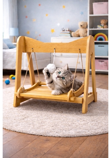 Ahşap Kedi Salıncağı & Oyun Platformu Ponponlu, Doğal Ahşap Oyuncak