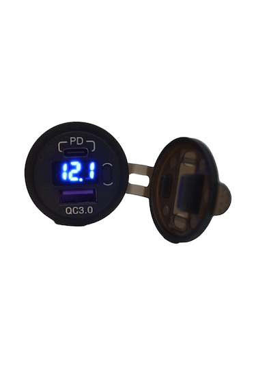 12v 24v Dc Usb Qc3.0 Type-c Pd Şarj Port Voltmetreli Anahtarlı Yuvarlak