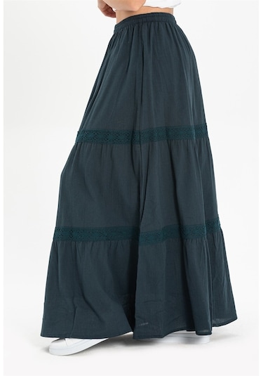 Uzun Şile Bezi Dantelli Etek Petrol Ptrl