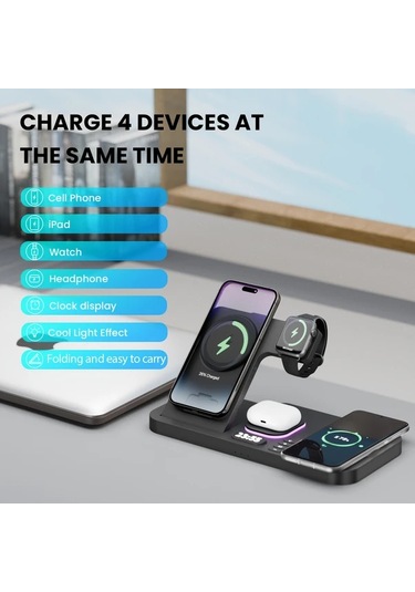 Topshop1 Beyaz 30w Alarmli Kablosuz Sarj Cihazi 6si 1 Arada Rgb Karanlikta Parlayan Hizli Sarj Istasyonu İphone Uyumlu İwatch İcin