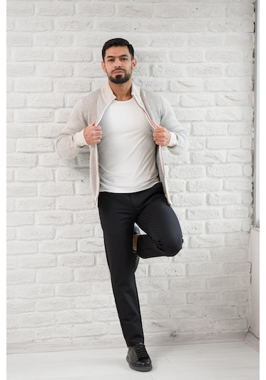 San&fa Dik Yaka Çizgili Fermuarlı Regular Fit Yünlü Triko Hırka Krem