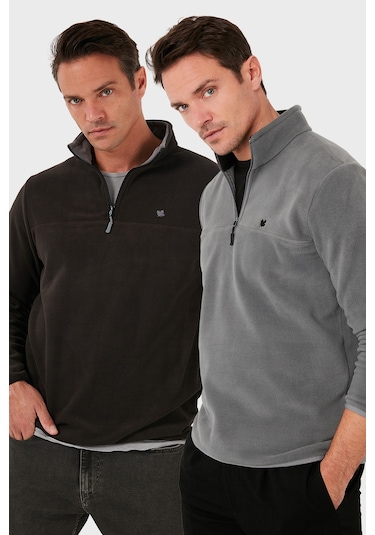 Buratti Slim Fit Anti-Pilling Tüylenme Yapmayan Bato Yaka Şardonlu 2'Li Paket Erkek Polar 5906001S2 Antrasit-Gri