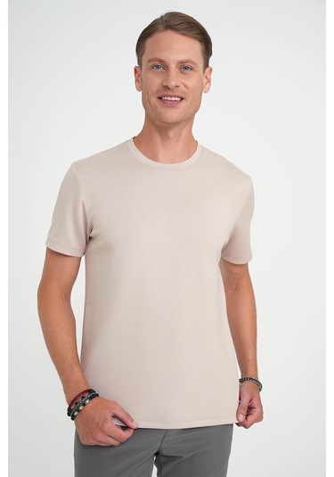 Comfort Fit Bisiklet Yaka Esnek Pamuk Casual Bej Tişört Ts 885 Bej