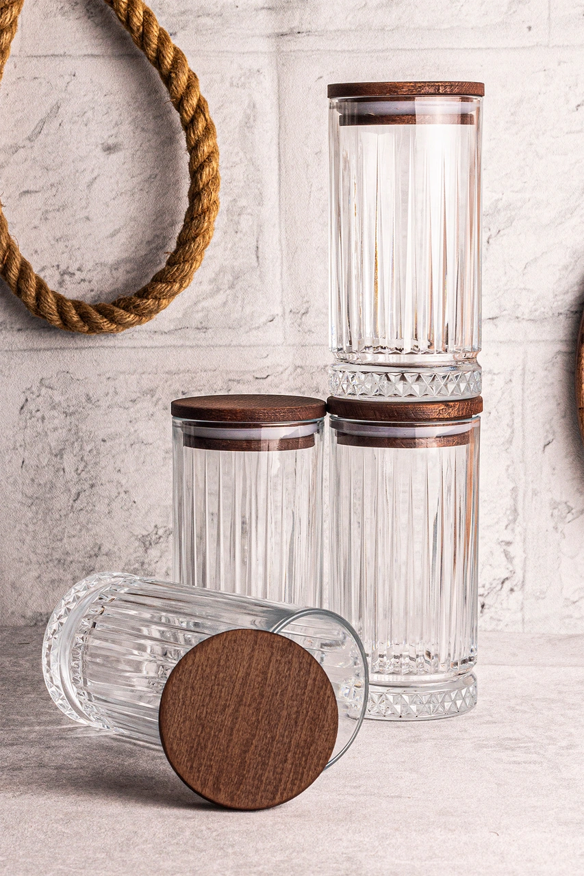 Mira 4'lü Ahşap Vakumlu Kapaklı Cam Saklama Kabı 450 Ml 4 Adet Ahşap