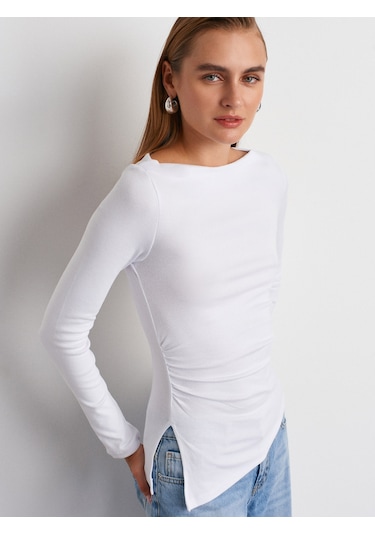 Dilvin 32198 Kayık Yaka Uzun Kollu Top-beyaz Beyaz