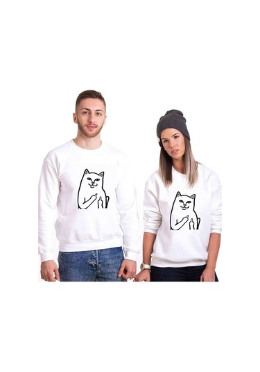 Tshirthane Kedi Kız Erkek Sevgili Kombinleri Unisex Sweatshirt Kırık Beyaz