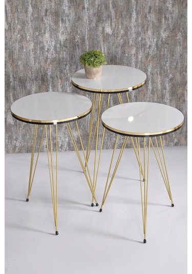 Zigon Sehpa Ve Orta Sehpa Elips Set Çift Gold Beyaz Tel Ayak