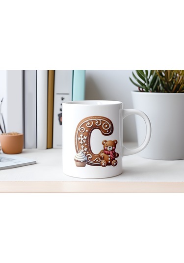 C Kurabiye Harf Ve Ayıcık Detaylı Kupa Bardak - Yeni Yıl / Yılbaşı Temalı Tasarım - Noel Hediye Beyaz