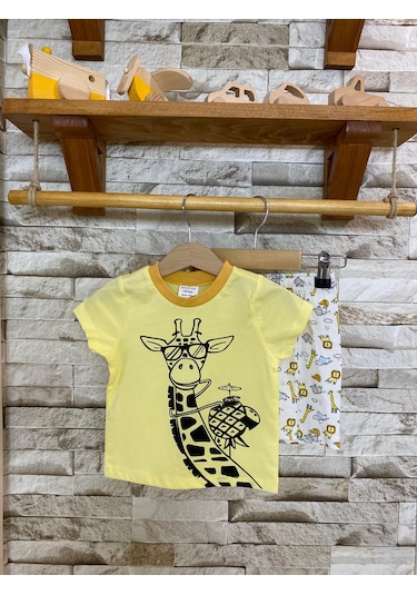Aysbebe Zürafa Desenli Şortlu Yazlık Takım Sarı