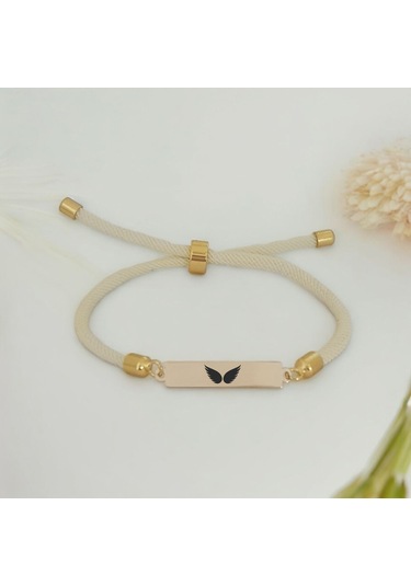 Archin Kanat Temalı Dikdörtgen Figürlü Beyaz Örgülü 14 Ayar Altın Plakalı Hediye Bileklik-413sembol Kanat