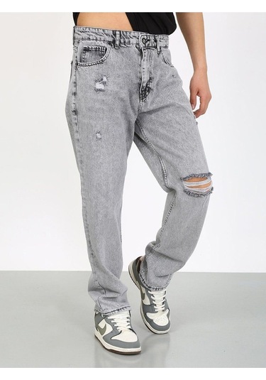 Baggy Gri Diz Yırtık Jean-gri - 33 Gri