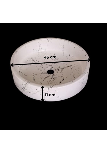 Mermer Desenli Tezgah Üstü Yuvarlak Çanak Taş Lavabo 45 Cm Beyaz