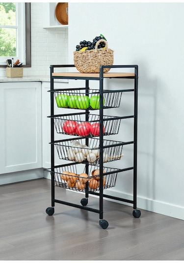 Dekoratif Tekerlekli Metal Sebzelik 4 Tel Sepetli Çam Ahşap Raflı Çok Amaçlı Stand Siyah