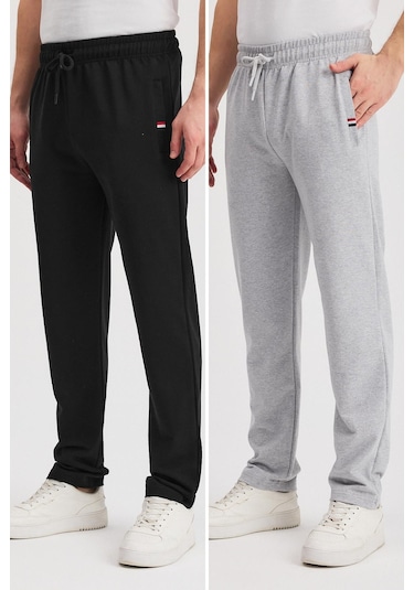 Siyah-antrasit Erkek Fermuarlı Cepli Nakış Detaylı Düz Paça Rahat Kesim Günlük 2'li Eşofman Altı Gri - Lacivert