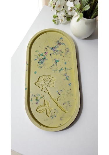 Gül Çizimli El Yapımı Dekoratif Tabak Özel Tasarım 23 X 13 Cm - Sarı Sarı