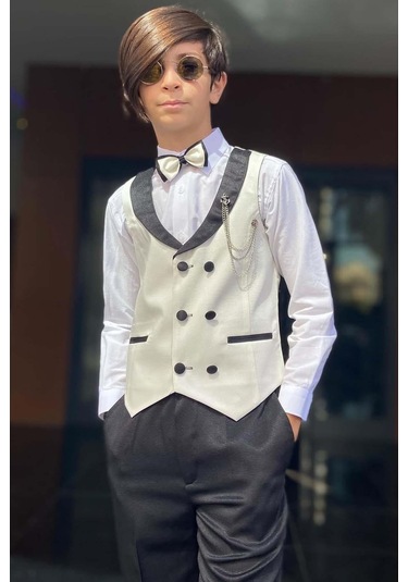 Riccotarz Erkek Çocuk Şal Yaka Düğme Detaylı Beyaz Cepken Yelek Gabardin Gömlek Takım Elbise Beyaz