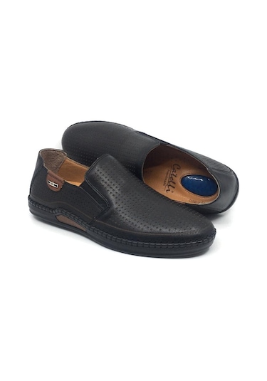 Catelli %100 Deri Ortopedik Erkek Yazlık Rahat Günlük Çarık Ayakk Siyah