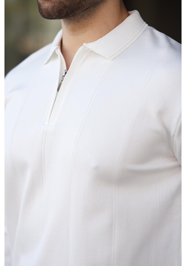 Beyaz Polo Yaka Fermuarlı Erkek Kazak E7427 Beyaz