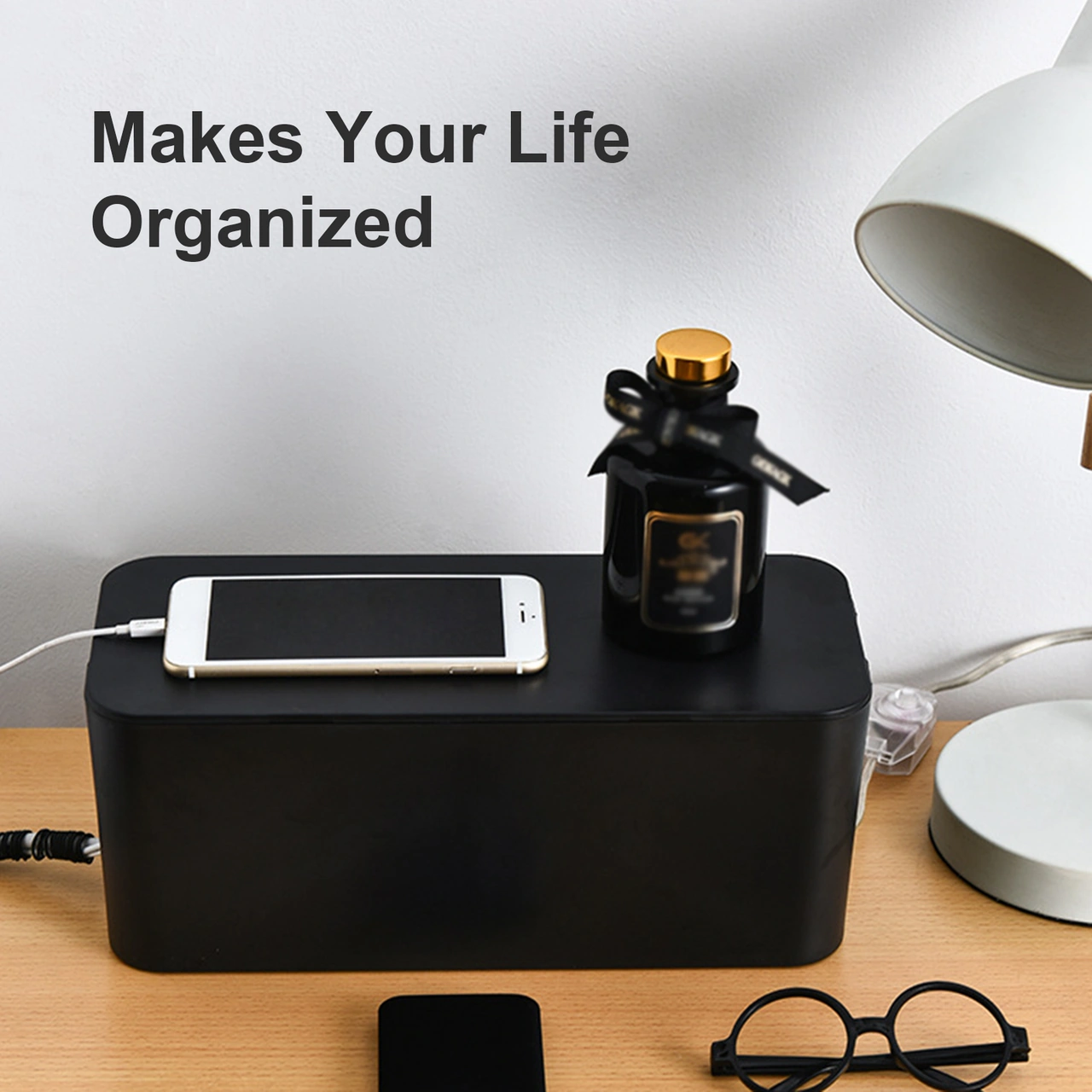 Kosona Küçük Siyah Plastik Masa Üstü Kabloları Toplama Kutusu - Elektrik Prizi Ve Bilgisayar Kabloları Düzenleyici