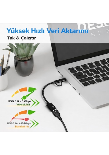Type-c + Micro Usb 2 Si 1 Arada Otg Kablo Usb 3.0 Tak & Çalıştır 1 Adet
