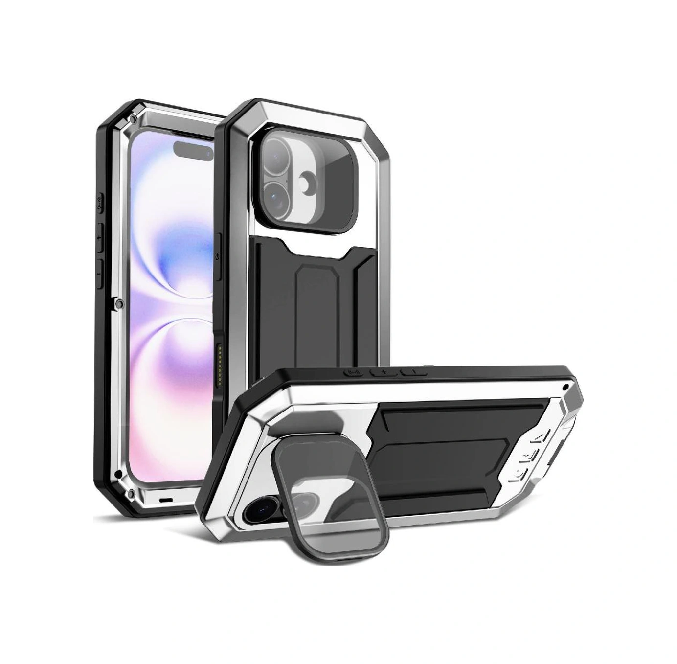 İiphone 17 İçin Metal Standlı Telefon Kılıfı Dahili Kamera Kickstand Cam Ekran Koruyucu Ağır Hizmet Şok Geçirmez