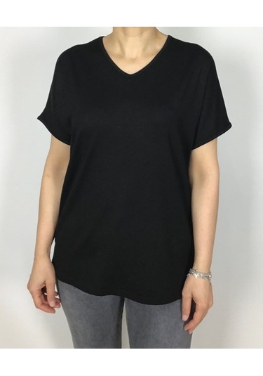 Kısa Kol V Yaka Likralı Düz Penye Bluz siyah