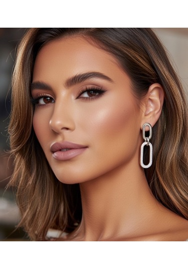 Tiptop/ / Gümüş Renk Zirkon Taşlı Sallantılı Model Çelik Küpe Gümüş