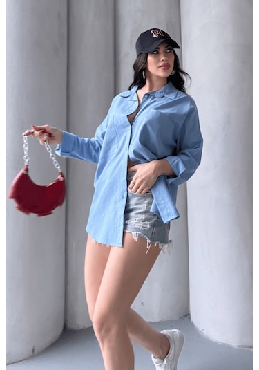 Paw Garage Kadın Harper Çift Cepli Oversize Keten Gömlek, 2025 Summer Collection Mavi