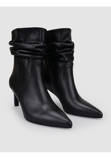 %100 Hakiki Deri Siyah Kadın Topuklu Bot Siyah