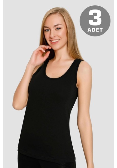 Kadın Siyah Pamuklu Likralı Kalın Askılı Atlet 3'lü Paket Esnek Ve Yumuşak Kumaş Siyah