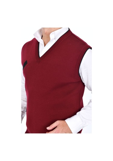 Kamalı Bordo Erkek Çelik Örgü Kışlık Kalın Triko V Yaka Triko Örgü Tüylenmez Süveter Bordo