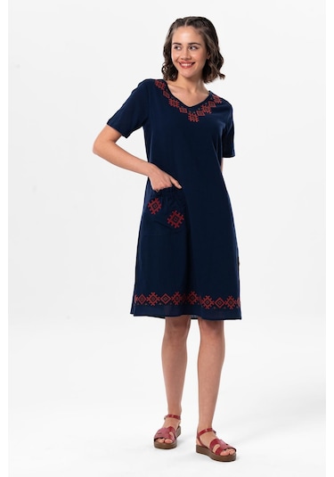 Kolsuz Şile Bezi Kruvaze Yaka Nakışlı Tülin Midi Boy Yazlık Otantik Elbise Lacivert Lcvt-lacivert Lacivert