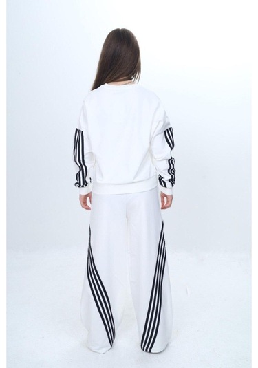 Kız Çocuk %100 Pamuk Şeritli Oversize 2 İplik Alt&üst Eşofman Takımı-305-eşt-0009 Ekru