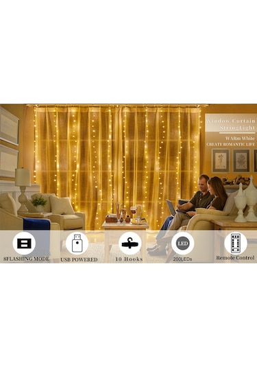 Perde Işıkları 9.8x6.5ft 200 Led Usb İle Çalışan Uzaktan Kumandalı Peri Işıkları Asılı Parıltılı Işıklar İç Mekan Dış Mekan Yatak Odası Pencere Düğün Parti Dekorasyonu Sıcak Beyaz Çok Renkli