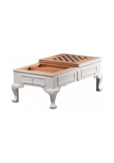 Roys Ahşap Çekmeceli Beyaz Satrançlı Damalı Tavlalı Orta Sehpa