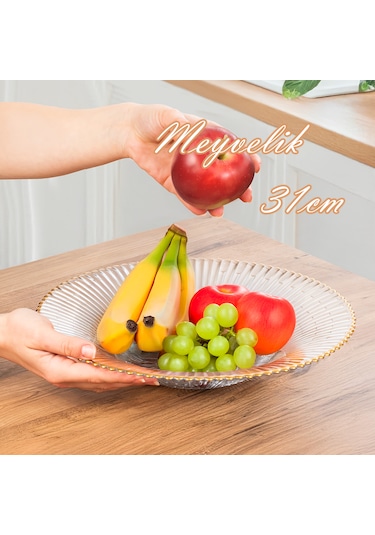 Porsima 31016 Newyork Altın Yaldızlı Cam Meyvelik Sunumluk 31 Cm