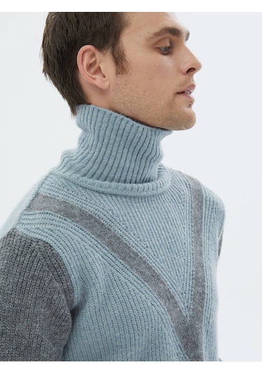 Mint Tam Balıkçı Yaka Desenli Yün Karışımlı Triko Mint