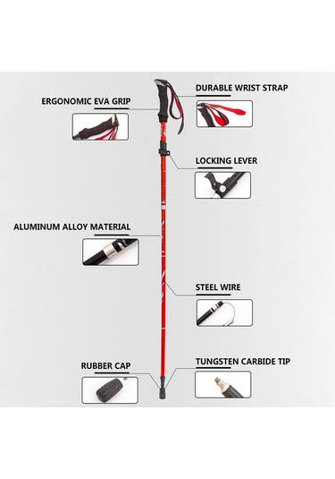 Maiyame Alüminyum Trekking Çubuğu 5 Bölümlü 36cm Daraltılabilir 265g Kısa Ultra Hafif Dağ Yürüyüşü, Kırmızı Uzun Tip Tek Adet Çok Renkli