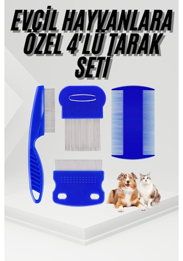4'lü Bit Pire Tarağı Set Kedi Köpek Evcil Hayvan Tüy Toplayıcı Mavi