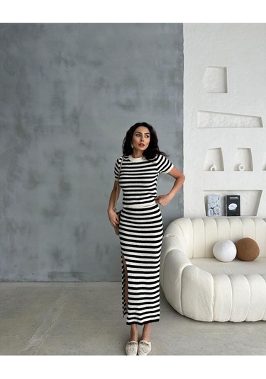 Feu Viskon-pamuk Bluz-yırtmaçlı Midi Etek Alt Üst Takım Siyah-beyaz Siyah - Beyaz