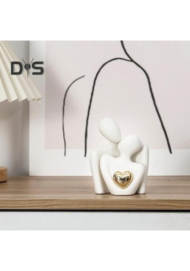Novahub Çift Kucaklama Heykeli Beyaz Seramik Altın Kalp Erkek Kadın Aşk Heykeli Oturma Odası Yatak Odası Biblo M