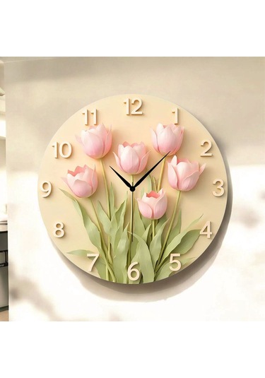 Çiçek Renkli Baskı Desenli Sayılı Hediyelik Ahşap Sessiz Tablo Duvar Saati 85 Renkli