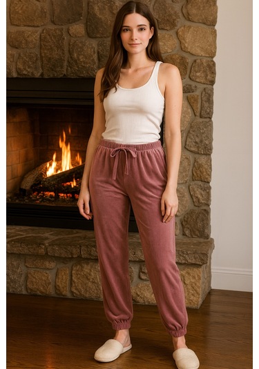 Kadın Paçası Lastikli Cep Detaylı Kadife Kumaş Tek Alt 503 Gül Kurusu Gül Kurusu