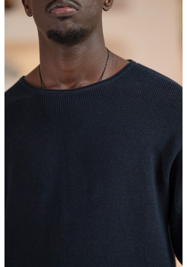 Regular Fit Likralı Kendinden Çizgili Mevsimlik Spor Kazak Lacivert