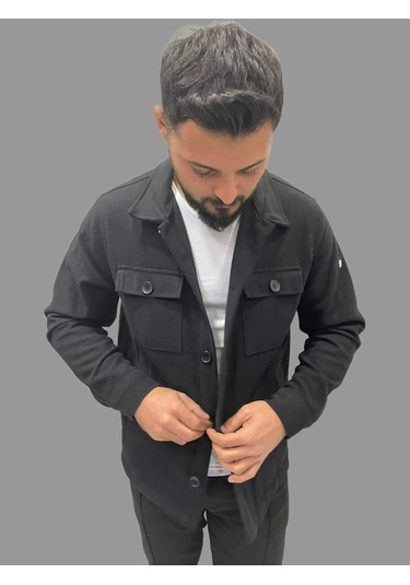 Erkek Cep Detaylı Kışlık Siyah Kaşe Gömlek Siyah