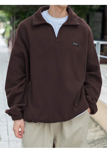 Genıus Store Erkek Polar Oversize Sweatshirt Polar Sweatshirt Kahverengi