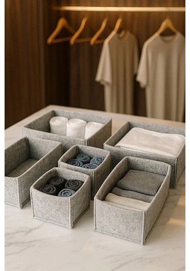 Gri Keçe Çekmece Ve Dolap Düzenleyici Organizer Seti 6 Parça Krem, Çok Amaçlı Düzenleyici Kutular Gri