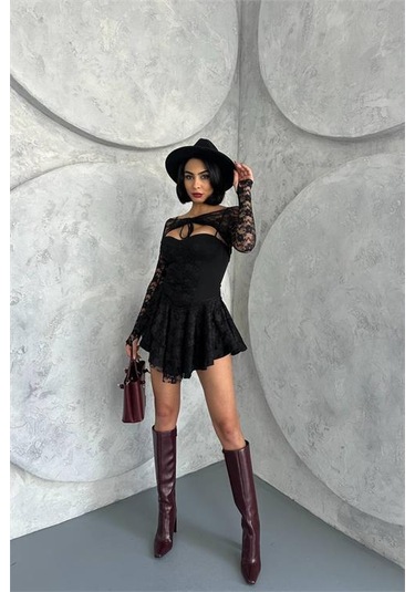 Kadın Bolero Detaylı Güpür Prenses Elbise Dpnbdf107 Siyah