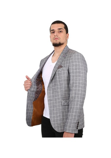 Sposo 5137 Dar Kalıp Kareli Bej Erkek Blazer Ceket Bej